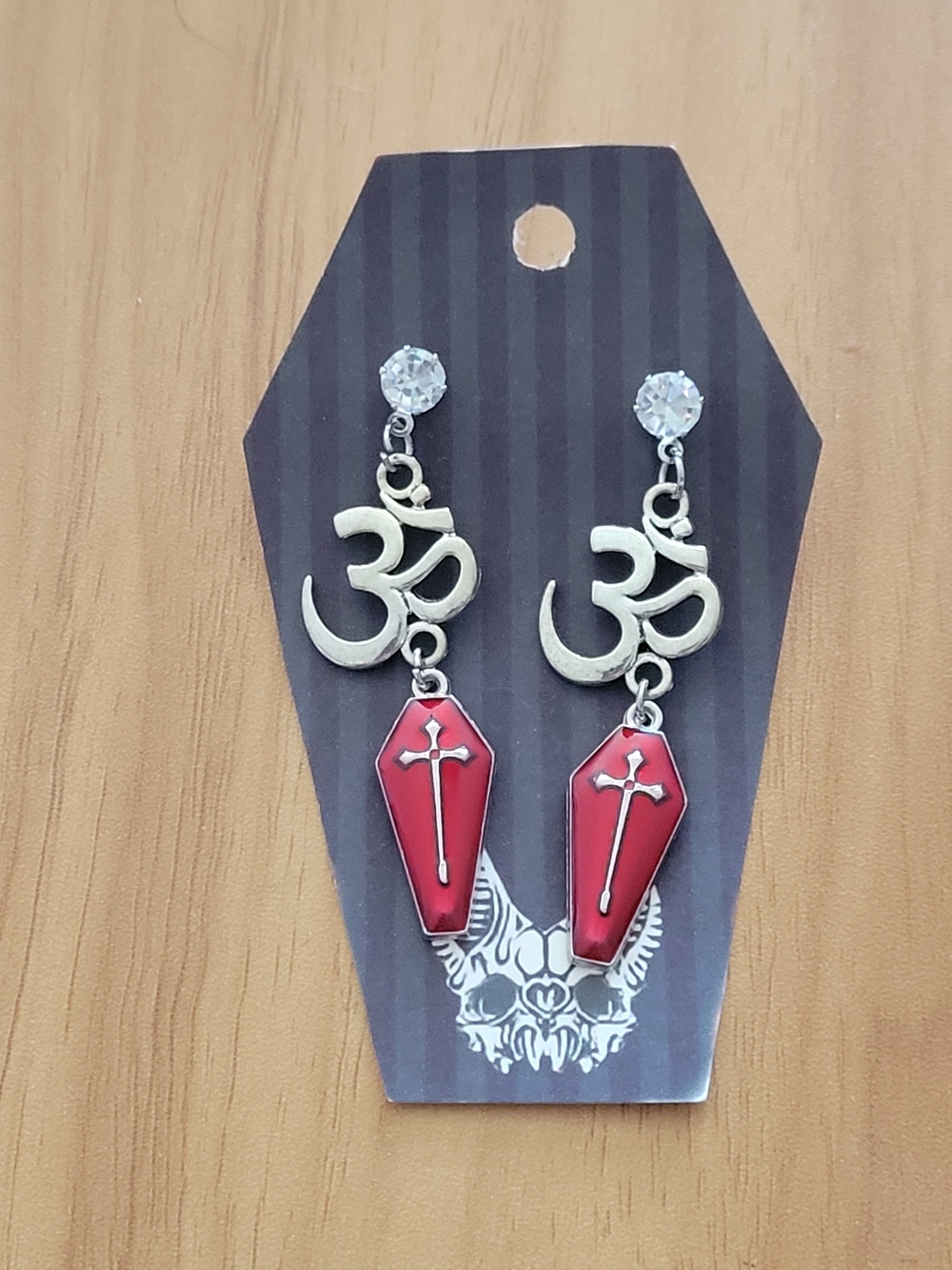 🧋NEW🧋 Stainless Steel Red Coffin Cross Om Charm Dangle Earrings